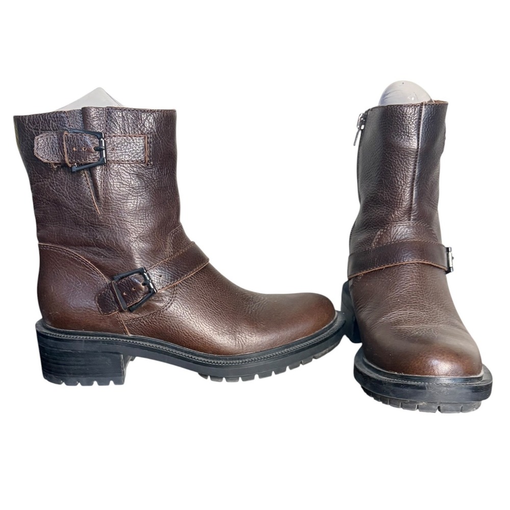 Botkier Marlow Brown Leather Moto Boots Zip Buckle Lug Sole Women's Size 7.5